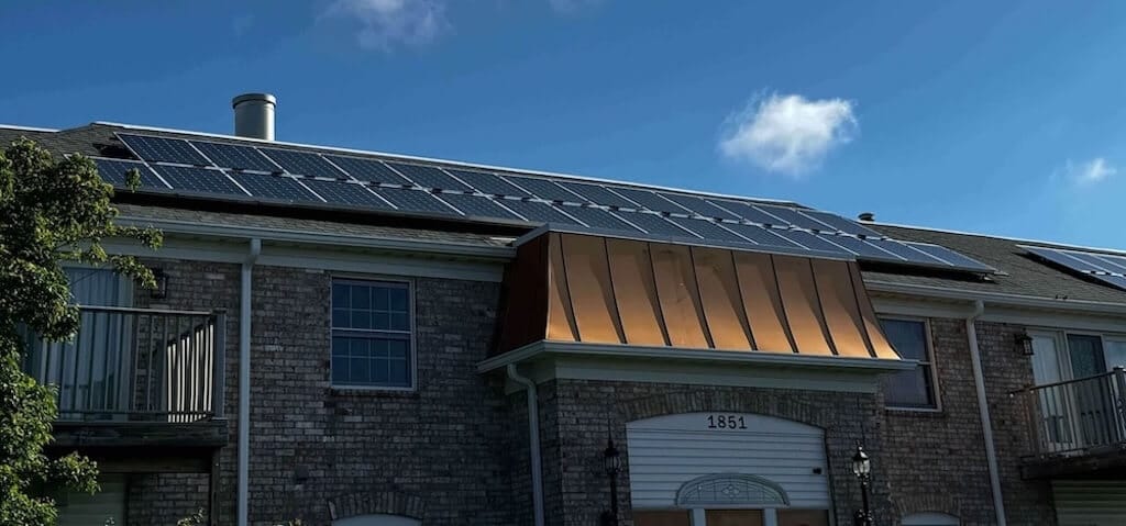Aerial view of solar array installation at Cambridge Place Apartments in Iowa City