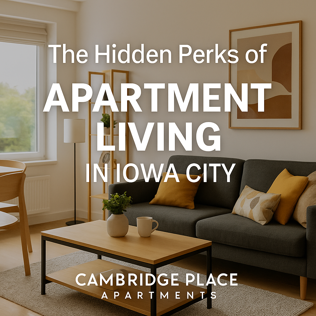 Bright modern apartment interior in Iowa City promoting the Hidden Perks of Apartment Living blog for Cambridge Place Apartments.