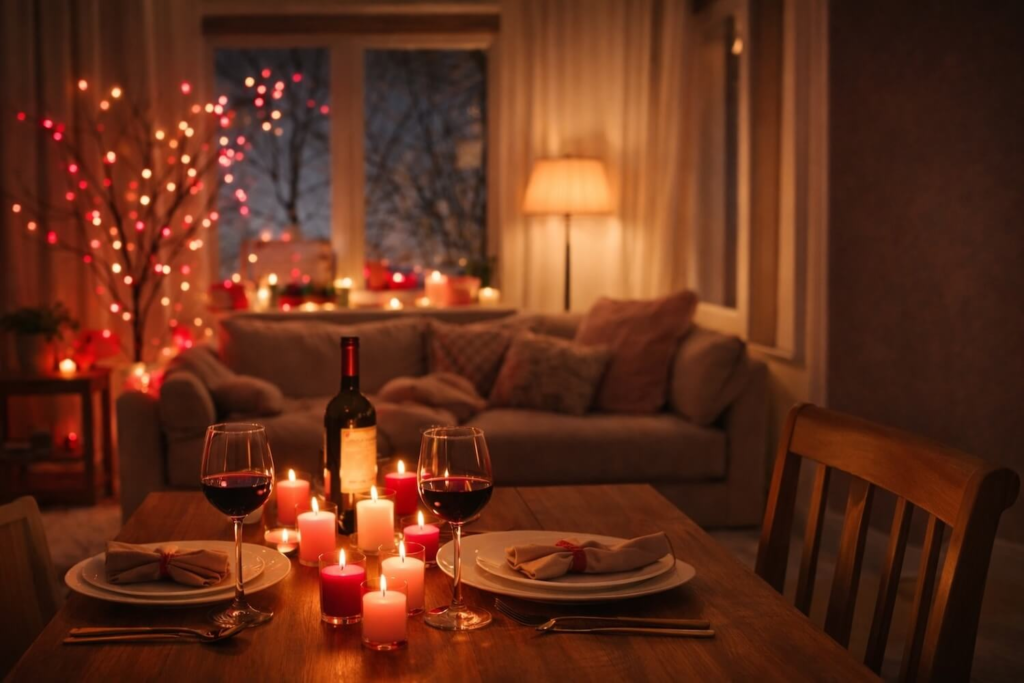     Romantic apartment dinner setup with candles and wine for Valentine’s Day