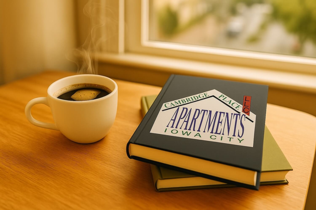 Coffee cup beside books with Cambridge Place Apartments logo in Iowa City