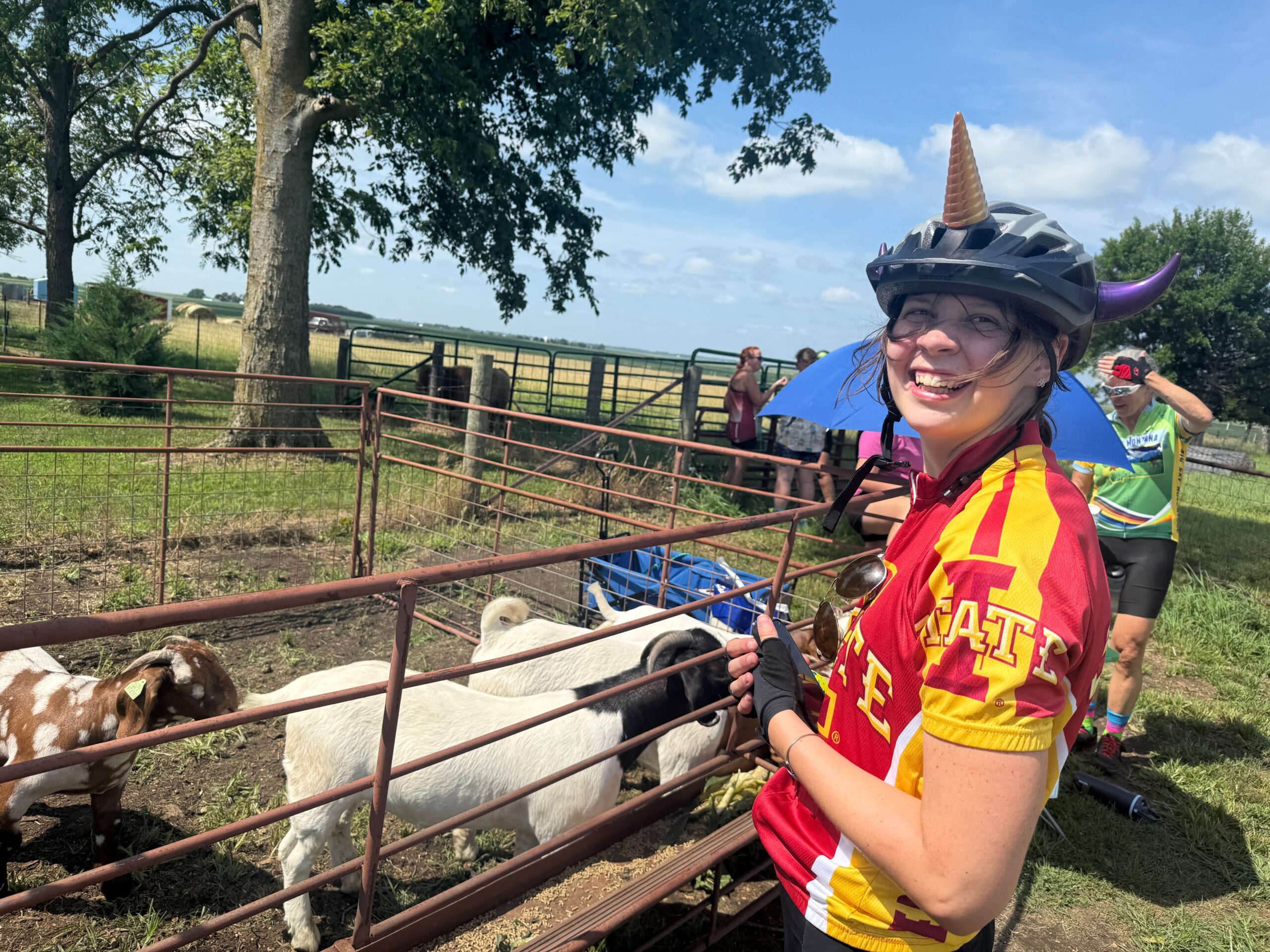 RAGBRAI rider relaxing outdoors during a stop along the Iowa route